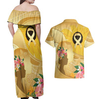 Polynesia Childhood Cancer Awareness Couples Matching Off Shoulder Maxi Dress and Hawaiian Shirt Be Bold Go Gold Polynesian Art LT14 - Polynesian Pride