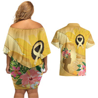 Polynesia Childhood Cancer Awareness Couples Matching Off Shoulder Short Dress and Hawaiian Shirt Be Bold Go Gold Polynesian Art LT14 - Polynesian Pride