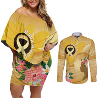 Polynesia Childhood Cancer Awareness Couples Matching Off Shoulder Short Dress and Long Sleeve Button Shirt Be Bold Go Gold Polynesian Art LT14 Gold - Polynesian Pride