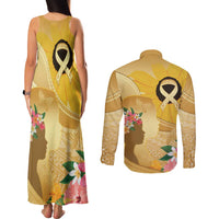 Polynesia Childhood Cancer Awareness Couples Matching Tank Maxi Dress and Long Sleeve Button Shirt Be Bold Go Gold Polynesian Art LT14 - Polynesian Pride