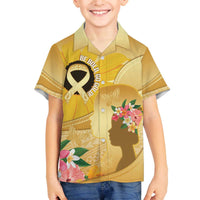 Polynesia Childhood Cancer Awareness Family Matching Off Shoulder Short Dress and Hawaiian Shirt Be Bold Go Gold Polynesian Art LT14 Son's Shirt Gold - Polynesian Pride