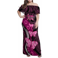 Think Pink Breast Cancer Awareness Family Matching Off Shoulder Maxi Dress and Hawaiian Shirt Butterfly Aboriginal Mix Polynesian Pattern LT14 Mom's Dress Pink - Polynesian Pride