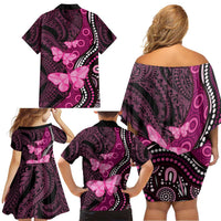 Think Pink Breast Cancer Awareness Family Matching Off Shoulder Short Dress and Hawaiian Shirt Butterfly Aboriginal Mix Polynesian Pattern LT14
