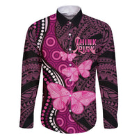 Think Pink Breast Cancer Awareness Family Matching Puletasi and Hawaiian Shirt Butterfly Aboriginal Mix Polynesian Pattern LT14 Dad's Shirt - Long Sleeve Pink - Polynesian Pride