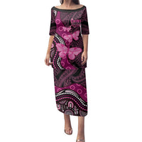Think Pink Breast Cancer Awareness Family Matching Puletasi and Hawaiian Shirt Butterfly Aboriginal Mix Polynesian Pattern LT14 Mom's Dress Pink - Polynesian Pride