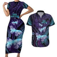 You Matter Suicide Prevention Awareness Couples Matching Short Sleeve Bodycon Dress and Hawaiian Shirt Butterfly Aboriginal Mix Polynesian Pattern LT14 Purple - Polynesian Pride