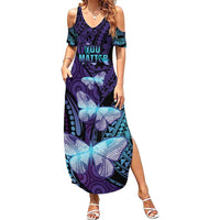 You Matter Suicide Prevention Awareness Family Matching Summer Maxi Dress and Hawaiian Shirt Butterfly Aboriginal Mix Polynesian Pattern LT14 Mom's Dress Purple - Polynesian Pride