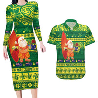 Cook Islands Christmas Couples Matching Long Sleeve Bodycon Dress and Hawaiian Shirt Surfing Santa Mere Kiritimiti LT14 Green - Polynesian Pride