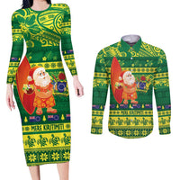 Cook Islands Christmas Couples Matching Long Sleeve Bodycon Dress and Long Sleeve Button Shirt Surfing Santa Mere Kiritimiti LT14 Green - Polynesian Pride