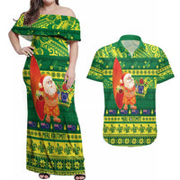 Cook Islands Christmas Couples Matching Off Shoulder Maxi Dress and Hawaiian Shirt Surfing Santa Mere Kiritimiti LT14 Green - Polynesian Pride