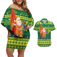 Cook Islands Christmas Couples Matching Off Shoulder Short Dress and Hawaiian Shirt Surfing Santa Mere Kiritimiti LT14 Green - Polynesian Pride
