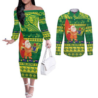 Cook Islands Christmas Couples Matching Off The Shoulder Long Sleeve Dress and Long Sleeve Button Shirt Surfing Santa Mere Kiritimiti LT14 Green - Polynesian Pride