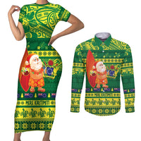 Cook Islands Christmas Couples Matching Short Sleeve Bodycon Dress and Long Sleeve Button Shirt Surfing Santa Mere Kiritimiti LT14 Green - Polynesian Pride