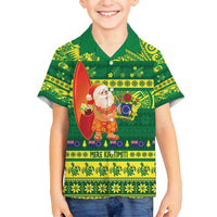 Cook Islands Christmas Family Matching Off Shoulder Short Dress and Hawaiian Shirt Surfing Santa Mere Kiritimiti LT14 Son's Shirt Green - Polynesian Pride