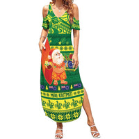 Cook Islands Christmas Family Matching Summer Maxi Dress and Hawaiian Shirt Surfing Santa Mere Kiritimiti LT14 Mom's Dress Green - Polynesian Pride