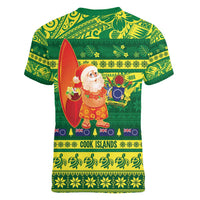 Cook Islands Christmas Women V-Neck T-Shirt Surfing Santa Mere Kiritimiti LT14 - Polynesian Pride