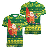Cook Islands Christmas Women V-Neck T-Shirt Surfing Santa Mere Kiritimiti LT14 - Polynesian Pride