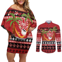 French Polynesia Christmas Couples Matching Off Shoulder Short Dress and Long Sleeve Button Shirt Tiare Chilling Santa Oaoa I teie Noera LT14 Red - Polynesian Pride