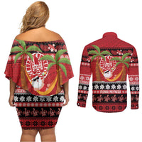 French Polynesia Christmas Couples Matching Off Shoulder Short Dress and Long Sleeve Button Shirt Tiare Chilling Santa Oaoa I teie Noera LT14 - Polynesian Pride