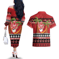 French Polynesia Christmas Couples Matching Off The Shoulder Long Sleeve Dress and Hawaiian Shirt Tiare Chilling Santa Oaoa I teie Noera LT14 - Polynesian Pride
