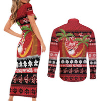 French Polynesia Christmas Couples Matching Short Sleeve Bodycon Dress and Long Sleeve Button Shirt Tiare Chilling Santa Oaoa I teie Noera LT14 - Polynesian Pride