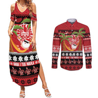 French Polynesia Christmas Couples Matching Summer Maxi Dress and Long Sleeve Button Shirt Tiare Chilling Santa Oaoa I teie Noera LT14 Red - Polynesian Pride