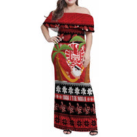 French Polynesia Christmas Family Matching Off Shoulder Maxi Dress and Hawaiian Shirt Tiare Chilling Santa Oaoa I teie Noera LT14 Mom's Dress Red - Polynesian Pride
