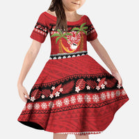 French Polynesia Christmas Kid Short Sleeve Dress Tiare Chilling Santa Oaoa I teie Noera LT14 KID Red - Polynesian Pride