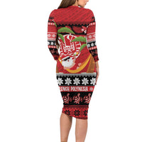 French Polynesia Christmas Long Sleeve Bodycon Dress Tiare Chilling Santa Oaoa I teie Noera LT14 - Polynesian Pride