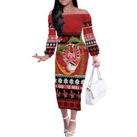 French Polynesia Christmas Off The Shoulder Long Sleeve Dress Tiare Chilling Santa Oaoa I teie Noera LT14 Women Red - Polynesian Pride