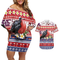 Kiribati Christmas Couples Matching Off Shoulder Short Dress and Hawaiian Shirt Frigatebird Santa Tekeraoi n te Kiritimati LT14 Red - Polynesian Pride