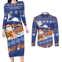 Marshall Islands Christmas Couples Matching Long Sleeve Bodycon Dress and Long Sleeve Button Shirt Beachy Santa Monono ilo raaneoan Nejin LT14 Blue - Polynesian Pride