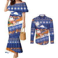Marshall Islands Christmas Couples Matching Mermaid Dress and Long Sleeve Button Shirt Beachy Santa Monono ilo raaneoan Nejin LT14 Blue - Polynesian Pride