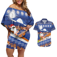 Marshall Islands Christmas Couples Matching Off Shoulder Short Dress and Hawaiian Shirt Beachy Santa Monono ilo raaneoan Nejin LT14 Blue - Polynesian Pride
