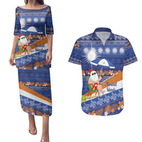 Marshall Islands Christmas Couples Matching Puletasi and Hawaiian Shirt Beachy Santa Monono ilo raaneoan Nejin LT14 Blue - Polynesian Pride