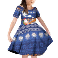 Marshall Islands Christmas Family Matching Off Shoulder Short Dress and Hawaiian Shirt Beachy Santa Monono ilo raaneoan Nejin LT14 Daughter's Dress Blue - Polynesian Pride