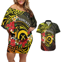 Vanuatu Christmas Couples Matching Off Shoulder Short Dress and Hawaiian Shirt Vanuatuan Pig Tusk - Meri Krismas! LT14 Black - Polynesian Pride