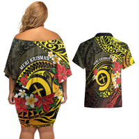 Vanuatu Christmas Couples Matching Off Shoulder Short Dress and Hawaiian Shirt Vanuatuan Pig Tusk - Meri Krismas! LT14 - Polynesian Pride