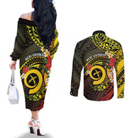 Vanuatu Christmas Couples Matching Off The Shoulder Long Sleeve Dress and Long Sleeve Button Shirt Vanuatuan Pig Tusk - Meri Krismas! LT14 - Polynesian Pride
