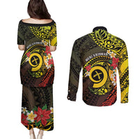 Vanuatu Christmas Couples Matching Puletasi and Long Sleeve Button Shirt Vanuatuan Pig Tusk - Meri Krismas! LT14 - Polynesian Pride