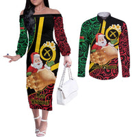 Vanuatu Christmas Couples Matching Off The Shoulder Long Sleeve Dress and Long Sleeve Button Shirt Vanuatuan Conch Shell - Meri Krismas! LT14 Black - Polynesian Pride