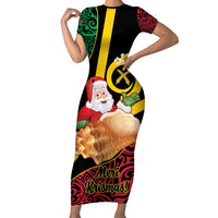 Vanuatu Christmas Family Matching Short Sleeve Bodycon Dress and Hawaiian Shirt Vanuatuan Conch Shell - Meri Krismas! LT14 Mom's Dress Black - Polynesian Pride