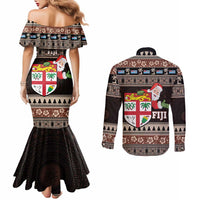 Fiji Christmas Couples Matching Mermaid Dress and Long Sleeve Button Shirt Fijian Masi Marau na Kerisimasi! - Brown LT14 - Polynesian Pride