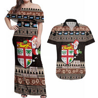 Fiji Christmas Couples Matching Off Shoulder Maxi Dress and Hawaiian Shirt Fijian Masi Marau na Kerisimasi! - Brown LT14 Brown - Polynesian Pride