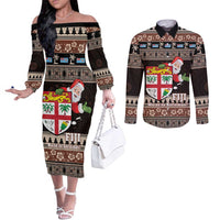Fiji Christmas Couples Matching Off The Shoulder Long Sleeve Dress and Long Sleeve Button Shirt Fijian Masi Marau na Kerisimasi! - Brown LT14 Brown - Polynesian Pride