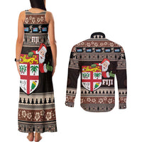 Fiji Christmas Couples Matching Tank Maxi Dress and Long Sleeve Button Shirt Fijian Masi Marau na Kerisimasi! - Brown LT14 - Polynesian Pride