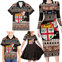 Fiji Christmas Family Matching Long Sleeve Bodycon Dress and Hawaiian Shirt Fijian Masi Marau na Kerisimasi! - Brown LT14 - Polynesian Pride