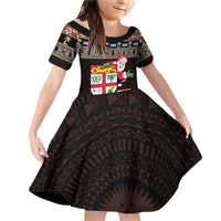 Fiji Christmas Family Matching Off Shoulder Short Dress and Hawaiian Shirt Fijian Masi Marau na Kerisimasi! - Brown LT14 Daughter's Dress Brown - Polynesian Pride