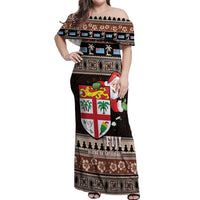 Fiji Christmas Off Shoulder Maxi Dress Fijian Masi Marau na Kerisimasi! - Brown LT14 Women Brown - Polynesian Pride