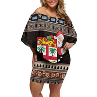 Fiji Christmas Off Shoulder Short Dress Fijian Masi Marau na Kerisimasi! - Brown LT14 Women Brown - Polynesian Pride